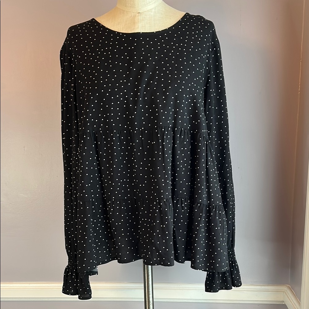 POPSUGAR black and white polka dot long sleeve tiered babydoll blouse